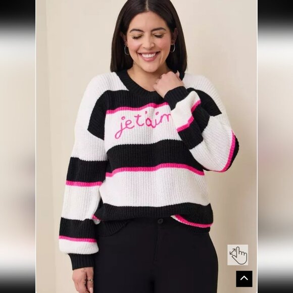 TORRID | Pullover Drop Shoulder Crew Neck Sweater Striped JE T'AIME SZ 0X - Picture 1 of 6